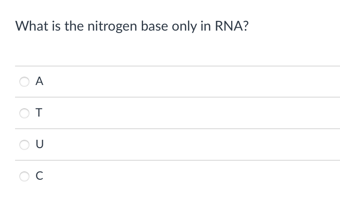 What is the nitrogen base only in RNA?
A
OT
U
C
