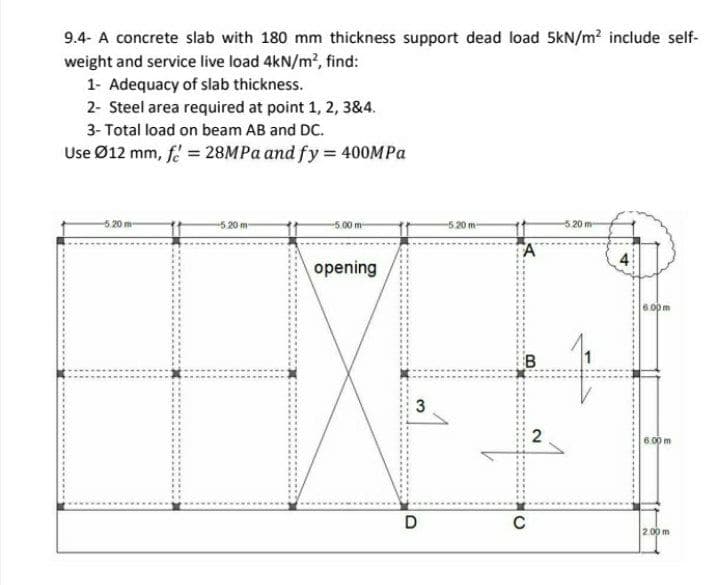 9.4- A concrete slab with 180 mm thickness support dead load 5kN/m² include self-
weight and service live load 4kN/m2, find:
1- Adequacy of slab thickness.
2- Steel area required at point 1, 2, 3&4.
3- Total load on beam AB and DC.
Use Ø12 mm, f = 28MPA and fy = 400MPA
5 20 m-
5.20 m-
-5.00 m-
-5.20 m-
opening
6.00 m
B
2
6.00 m
D
2.00 m
