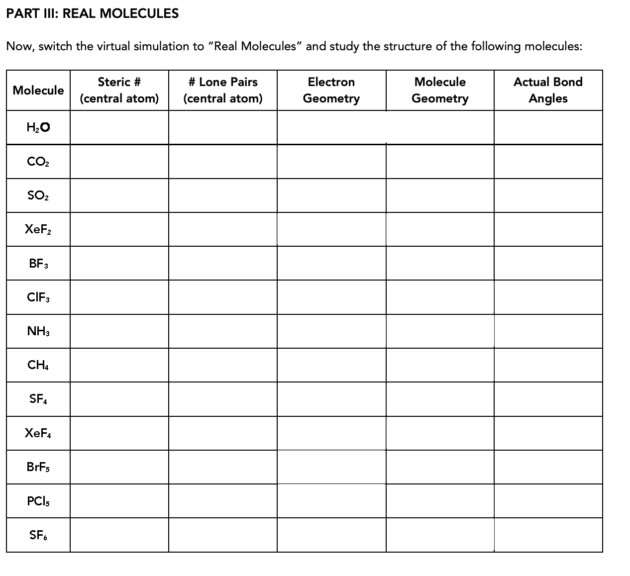 PART III: REAL MOLECULES
Now, switch the virtual simulation to "Real Molecules" and study the structure of the following molecules:
Steric #
# Lone Pairs
Electron
Molecule
Actual Bond
Molecule
(central atom)
(central atom)
Geometry
Geometry
Angles
Н.о
CO2
SO2
XeF2
BF3
CIF3
NH3
CH4
SF4
XeF4
BRFS
PCI5
SF.
