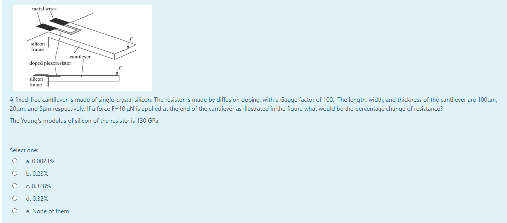 metal wires
silicon
frame
cantilever
doped piezoresistor
silicon
frame
A fixed-free cantilever is made of single-crystal silicon. The resistor is made by diffusion doping, with a Gauge factor of 100. The length, width, and thickness of the cantilever are 100µm,
20µm, and 5um respectively. If a force F=10 µN is applied at the end of the cantilever as illustrated in the figure what would be the percentage change of resistance?
The Young's modulus of silicon of the resistor is 130 GPa.
