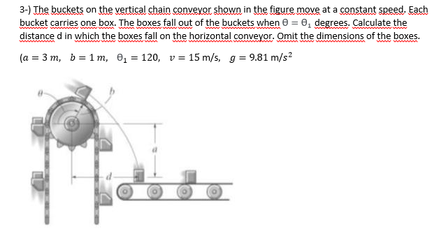 3-) The buckets on the vertical chain conveyor shown in the figure move at a constant speed. Each
bucket carries one box. The boxes fall out of the buckets when e = 0, degrees. Calculate the
distance d in which the boxes fall on the horizontal conveyor. Omit the dimensions of the boxes.
(a = 3 m, b = 1 m, 0, = 120, v = 15 m/s, g = 9.81 m/s²
