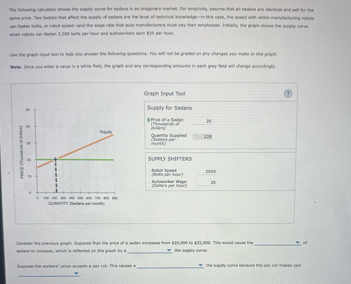 The following calculator shows the supply curve for sedans in an imaginary market. For simplicity, assume that all sedans are identical and sell for the
same price. Two factors that affect the supply of sedans are the level of technical knowledge-in this case, the speed with which manufacturing robots
can fasten bolts, or robot speed-and the wage rate that auto manufacturers must pay their employees. Initially, the graph shows the supply curve
when robots can fasten 2,500 bolts per hour and autoworkers earn $25 per hour.
Use the graph input tool to help you answer the following questions. You will not be graded on any changes you make to this graph.
Note: Once you enter a value in a white field, the graph and any corresponding amounts in each grey field will change accordingly.
PRICE (Thousands of dollars)
50
40
30
20
10
0
0
Supply
100 200 300 400 500 600 700 800 900
QUANTITY (Sedans per month)
Graph Input Tool
Supply for Sedans
Price of a Sedan
(Thousands of
dollars)
Suppose the workers' union accepts a pay cut. This causes a
Quantity Supplied
(Sedans per
month)
SUPPLY SHIFTERS
Robot Speed
(Bolts per hour)
Autoworker Wage
(Dollars per hour)
20
225
2500
25
Consider the previous graph. Suppose that the price of a sedan increases from $20,000 to $25,000. This would cause the
sedans to increase, which is reflected on the graph by a
the supply curve.
?
the supply curve because the pay cut makes cars
of