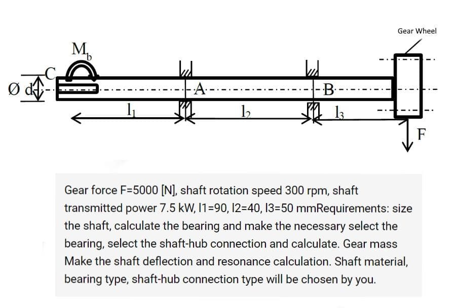 M₁₂
M.
1₁
had
·|-·A·-·
b₂
-B
13
Gear Wheel
I
I
.
Gear force F-5000 [N], shaft rotation speed 300 rpm, shaft
transmitted power 7.5 kW, 11-90, 12=40, 13=50 mmRequirements: size
the shaft, calculate the bearing and make the necessary select the
bearing, select the shaft-hub connection and calculate. Gear mass
Make the shaft deflection and resonance calculation. Shaft material,
bearing type, shaft-hub connection type will be chosen by you.
F