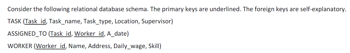 Consider the following relational database schema. The primary keys are underlined. The foreign keys are self-explanatory.
TASK (Task id, Task_name, Task_type, Location, Supervisor)
ASSIGNED TO (Task id, Worker_id, A_date)
WORKER (Worker id, Name, Address, Daily_wage, Skill)