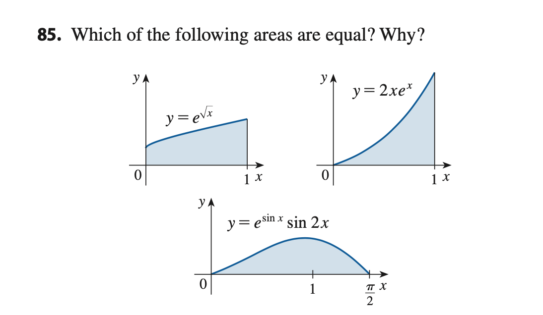 85. Which of the following areas are equal? Why?
y A
YA
y= 2xe*
y= evx
1 x
1 x
y
y= esn x sin 2x
2
