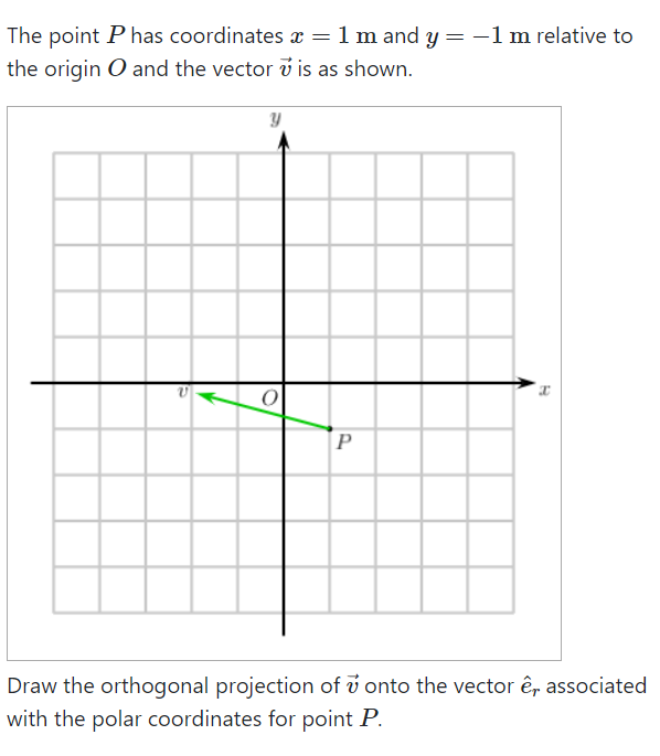 The point P has coordinates x =1m and y = -1m relative to
the origin O and the vector v is as shown.
P
Draw the orthogonal projection of v onto the vector ê, associated
with the polar coordinates for point P.
