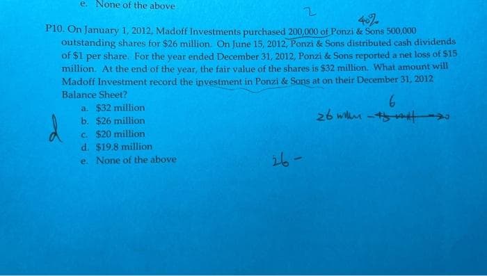 e. None of the above
2
40%
P10. On January 1, 2012, Madoff Investments purchased 200,000 of Ponzi & Sons 500,000
outstanding shares for $26 million. On June 15, 2012, Ponzi & Sons distributed cash dividends
of $1 per share. For the year ended December 31, 2012, Ponzi & Sons reported a net loss of $15
million. At the end of the year, the fair value of the shares is $32 million. What amount will
Madoff Investment record the investment in Ponzi & Sons at on their December 31, 2012
Balance Sheet?
a. $32 million
b. $26 million
c. $20 million
d. $19.8 million
e. None of the above
26-
6
26 win-wi