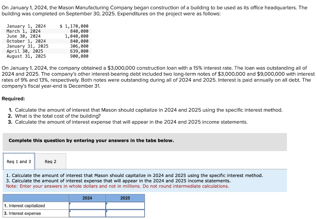 On January 1, 2024, the Mason Manufacturing Company began construction of a building to be used as its office headquarters. The
building was completed on September 30, 2025. Expenditures on the project were as follows:
January 1, 2024
March 1, 2024
June 30, 2024
October 1, 2024
January 31, 2025
April 30, 2025
August 31, 2025
On January 1, 2024, the company obtained a $3,000,000 construction loan with a 15% interest rate. The loan was outstanding all of
2024 and 2025. The company's other interest-bearing debt included two long-term notes of $3,000,000 and $9,000,000 with interest
rates of 9% and 13%, respectively. Both notes were outstanding during all of 2024 and 2025. Interest is paid annually on all debt. The
company's fiscal year-end is December 31.
Required:
1. Calculate the amount of interest that Mason should capitalize in 2024 and 2025 using the specific interest method.
2. What is the total cost of the building?
3. Calculate the amount of interest expense that will appear in the 2024 and 2025 income statements.
Complete this question by entering your answers in the tabs below.
Req 1 and 3
$ 1,170,000
840,000
1,040,000
840,000
306,000
639,000
900,000
Req 2
1. Interest capitalized
3. Interest expense
1. Calculate the amount of interest that Mason should capitalize in 2024 and 2025 using the specific interest method.
3. Calculate the amount of interest expense that will appear in the 2024 and 2025 income statements.
Note: Enter your answers in whole dollars and not in millions. Do not round intermediate calculations.
2024
2025