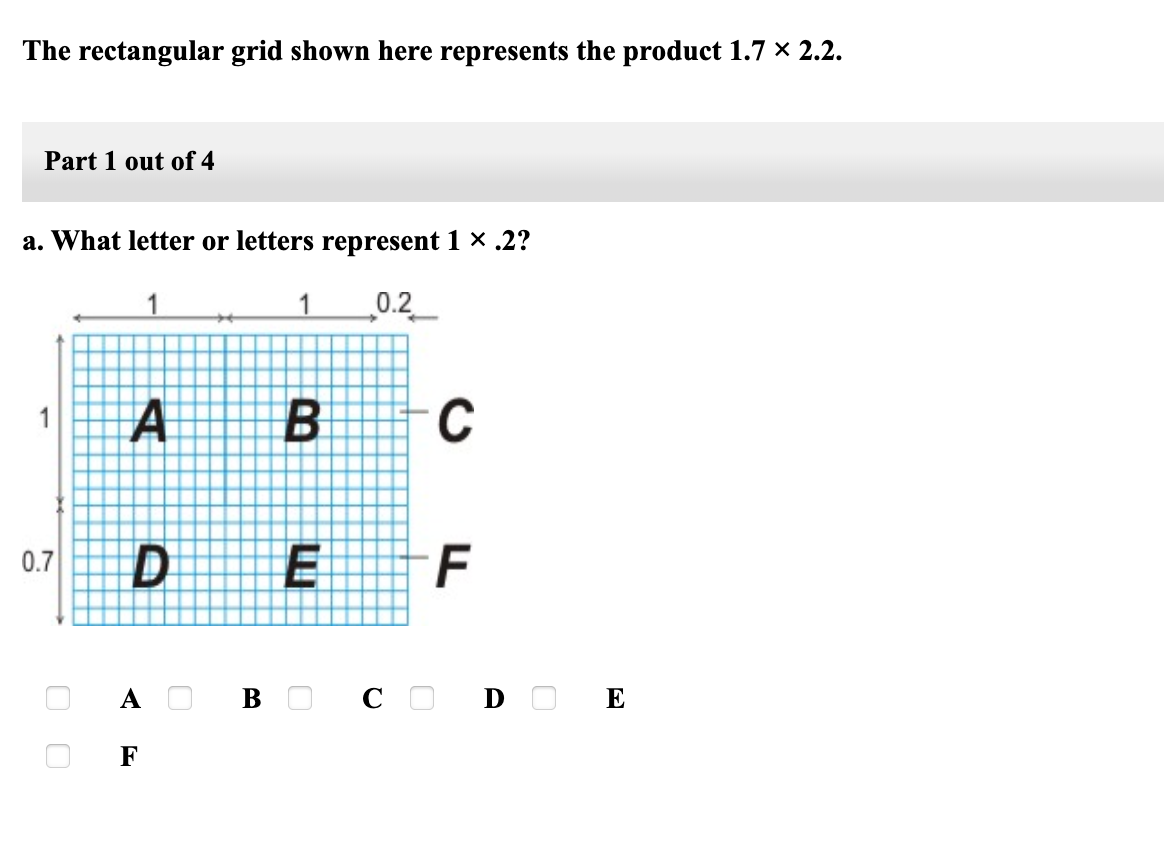 The rectangular grid shown here represents the product 1.7 × 2.2.
Part 1 out of 4
a. What letter or letters represent 1 x .2?
0.2
B
C
1
F
0.7
А
Со
D O
E
F
O O
