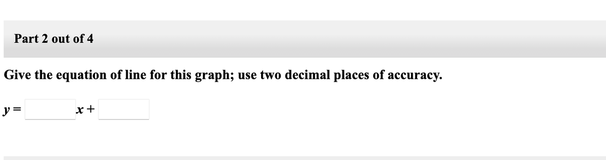 Part 2 out of 4
Give the equation of line for this graph; use two decimal places of accuracy.
y =
x+
