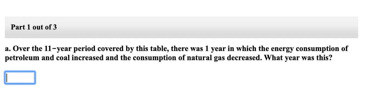 Part 1 out of 3
a. Over the 11-year period covered by this table, there was 1 year in which the energy consumption of
petroleum and coal increased and the consumption of natural gas decreased. What year was this?

