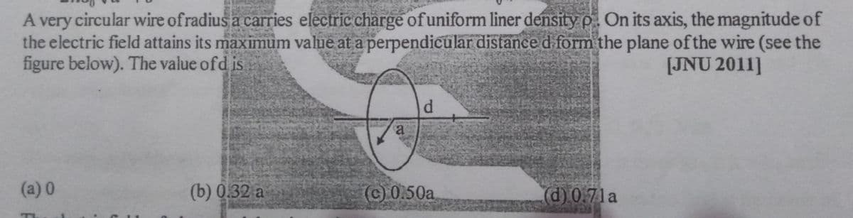 A very circular wire of radius a carries electric charge of uniform liner density p. On its axis, the magnitude of
the electric field attains its maximum value at a perpendicular distance d form the plane of the wire (see the
figure below). The value ofd is
[JNU 2011]
d.
(a) 0
(b) 0.32 a
©0.50a
(d)0.71a
