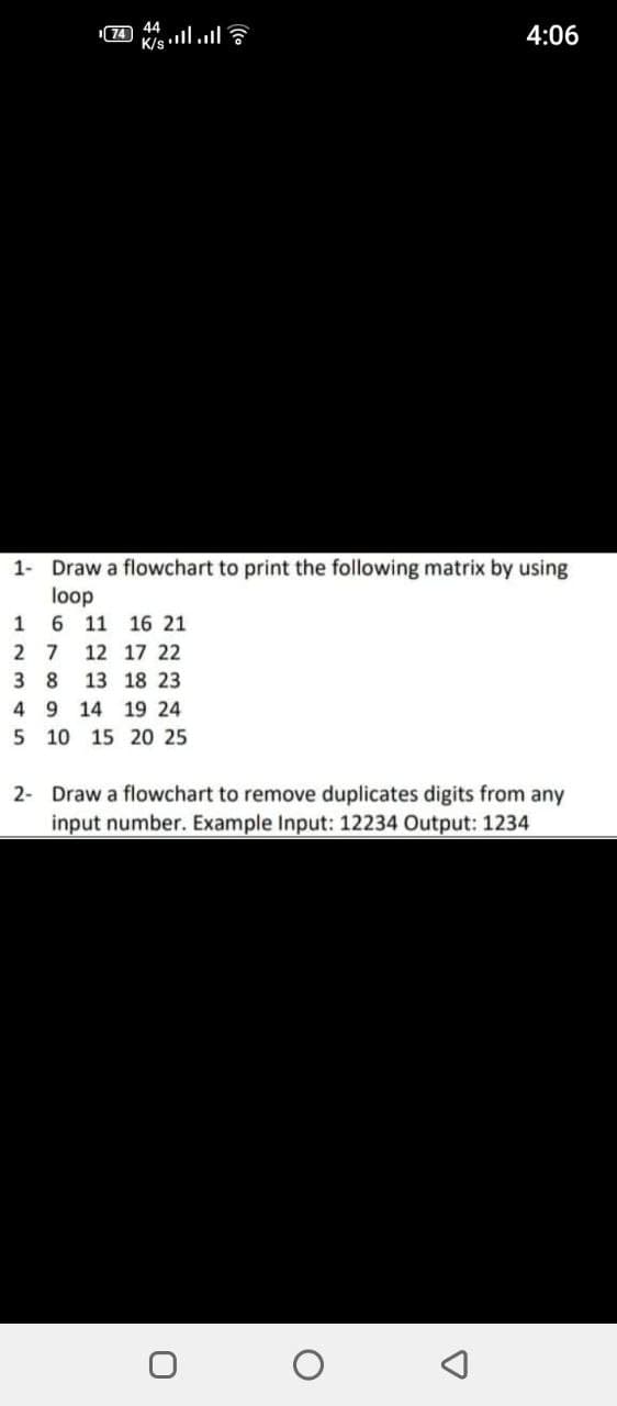 "74 44
K/s ll.l
4:06
1- Draw a flowchart to print the following matrix by using
loop
6 11 16 21
2 7 12 17 22
3 8 13 18 23
4 9 14 19 24
5 10 15 20 25
1
2- Draw a flowchart to remove duplicates digits from any
input number. Example Input: 12234 Output: 1234
