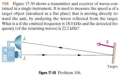 106 Figure 17-50 shows a transmitter and receiver of waves con-
tained in a single instrument. It is used to measure the speed u of a
target object (idealized as a flat plate) that is moving directly to-
ward the unit, by analyzing the waves reflected from the target.
What is u if the emitted frequency is 18.0 kHz and the detected fre-
quency (of the returning waves) is 22.2 kHz?
Target
Figure 17-50 Problem 106.
