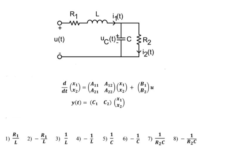 R1
(t)
u(t)
"c()c R2
yiz(t)
d
(A11 A12)
(A21 A22)
(B1
+
B2
dt
y(t) = (C, C2) (G)
R1
1)
2) - 4 » 9 - 5 9-
4) – 0) - "c 8) -
1
1
1
1
L
R2C
R2C
