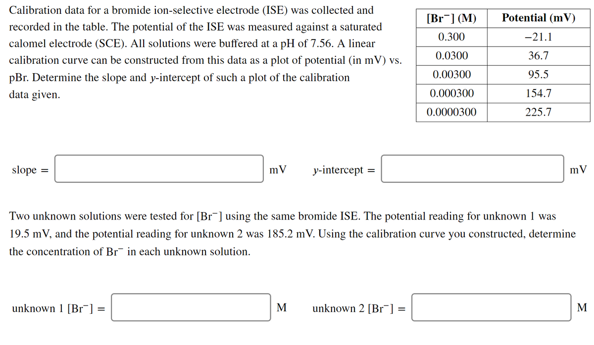 Calibration data for a bromide ion-selective electrode (ISE) was collected and
[Br¯] (M)
Potential (mV)
recorded in the table. The potential of the ISE was measured against a saturated
0.300
-21.1
calomel electrode (SCE). All solutions were buffered at a pH of 7.56. A linear
0.0300
36.7
calibration curve can be constructed from this data as a plot of potential (in mV) vs.
pBr. Determine the slope and y-intercept of such a plot of the calibration
0.00300
95.5
data given.
0.000300
154.7
0.0000300
225.7
slope
mV
у-intercept
mV
Two unknown solutions were tested for [Br¯]using the same bromide ISE. The potential reading for unknown 1 was
19.5 mV, and the potential reading for unknown 2 was 185.2 mV. Using the calibration curve you constructed, determine
the concentration of Br in each unknown solution.
unknown 1 [Br¯] =
M
unknown 2 [Br¯] =
М
