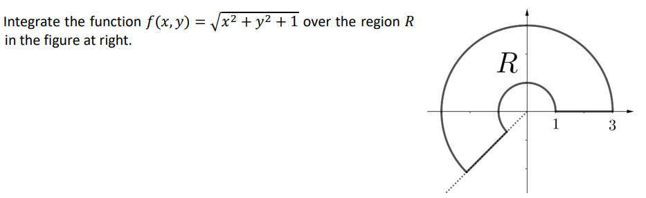 Integrate the function f (x, y) =
in the figure at right.
x² + y² + 1 over the region R
R
1
3

