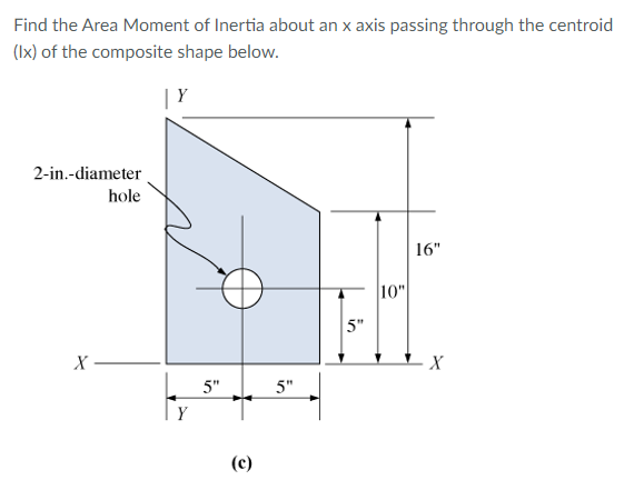 Find the Area Moment of Inertia about an x axis passing through the centroid
(Ix) of the composite shape below.
Y
2-in.-diameter
hole
16"
10"
5"
5"
5"
Y
(c)
