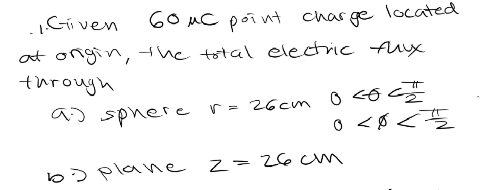 iGiven
60 uC point charge located
at ongin, the total electric Aux
through
as spnere r-26cm o <ocă
b> plane z=2e cm
