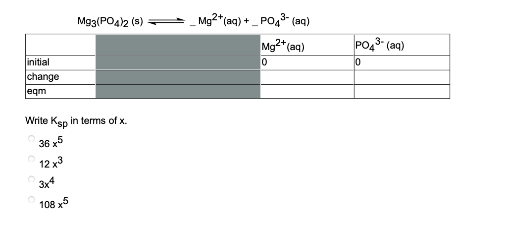 Mg3(PO4)2 (s)
Mg2*(aq) + _ PO43- (aq)
Mg2* (aq)
PO43 (aq)
initial
change
eqm
Write Ksn in terms of x.
36 x5
12 x3
3x4
108 x5
