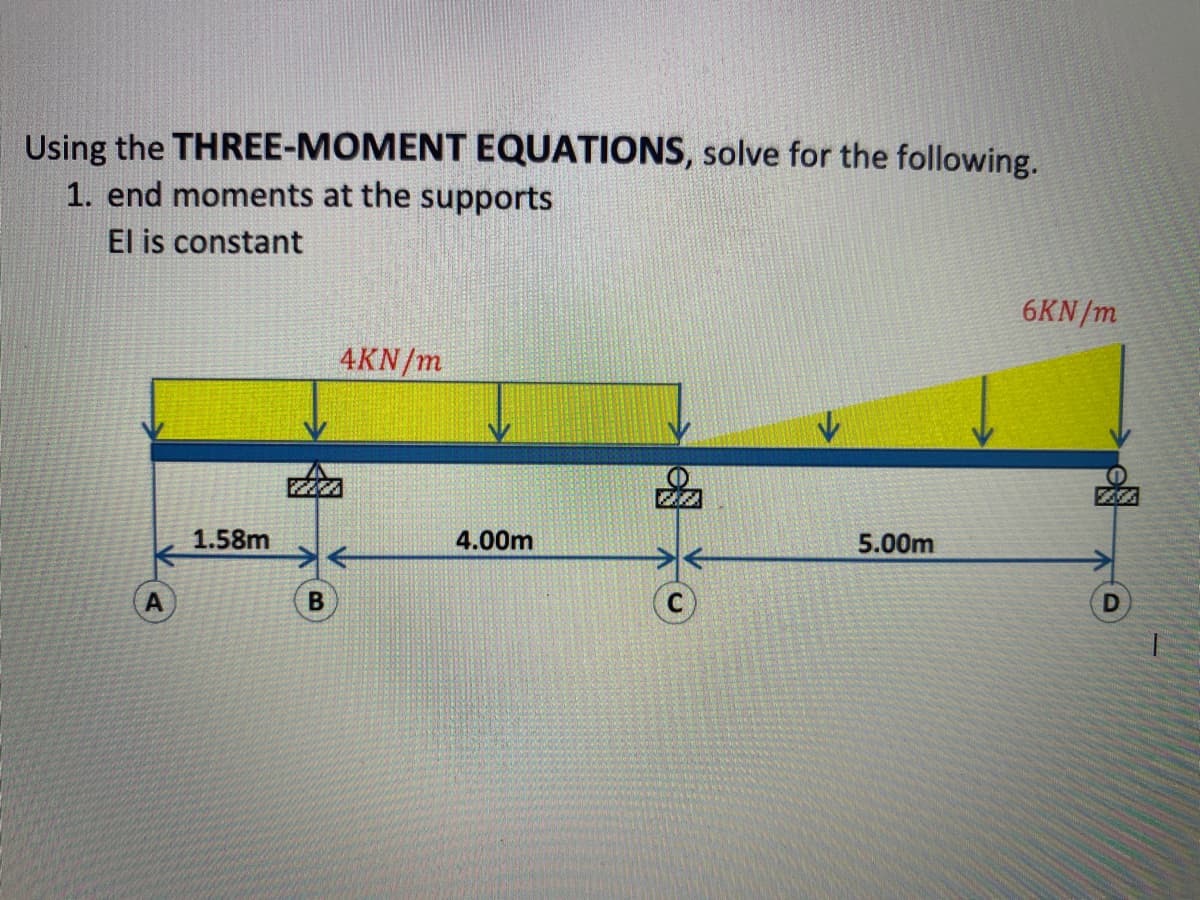 Using the THREE-MOMENT EQUATIONS, solve for the following.
1. end moments at the supports
El is constant
6KN/m
4KN/m
1.58m
4.00m
5.00m
