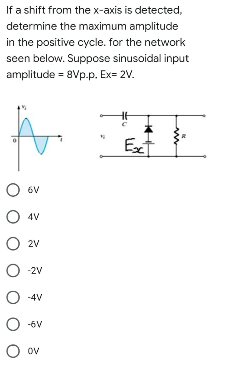 If a shift from the x-axis is detected,
determine the maximum amplitude
in the positive cycle. for the network
seen below. Suppose sinusoidal input
amplitude = 8Vp.p, Ex= 2V.
R
Exci
O 6V
O 4V
O 2V
O -2V
O -4V
O -6V
O ov
