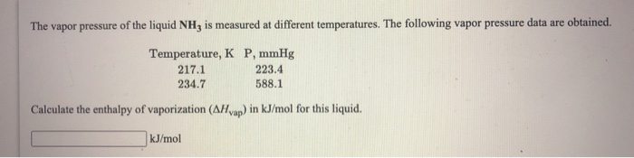 The vapor pressure of the liquid NH3 is measured at different temperatures. The following vapor pressure data are obtained.
Temperature, K P, mmHg
217.1
234.7
223.4
588.1
Calculate the enthalpy of vaporization (AHvap) in kJ/mol for this liquid.

