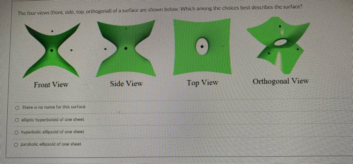 The four views (front, side, top, orthogonal) of a surface are shown below. Which among the choices best describes the surface?
Front View
Side View
Top View
Orthogonal View
O There is no name for this surface
O elliptic hyperboloid of one sheet
O hyperbolic ellipsoid of one sheet
O parabolic ellipsold of one sheet
