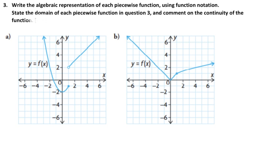 3. Write the algebraic representation of each piecewise function, using function notation.
State the domain of each piecewise function in question 3, and comment on the continuity of the
function.
a)
b)
4-
4-
y = f(x)
y = f(x)
2-
2-
-6 -4 -2
4
-4
-2
4
6.
-2
-4-
-4
-6

