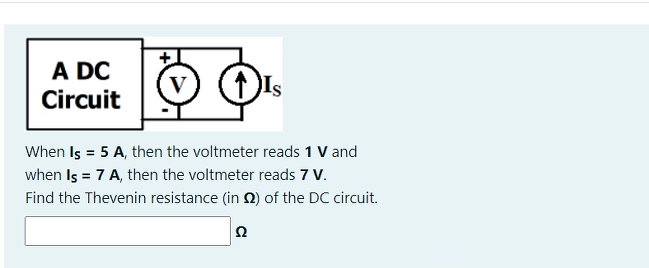 A DC
Circuit
When Iş = 5 A, then the voltmeter reads 1 V and
when Is = 7 A, then the voltmeter reads 7 V.
Find the Thevenin resistance (in 2) of the DC circuit.
Ω
