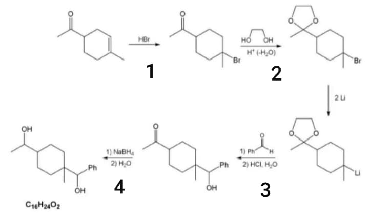 HBr
но
OH
H* (-H,0)
Br
Br
1
2Li
он
1) NABH4
2) H;0
1) Ph
H,
„Ph
2) HCI, H,0
Ph
4
3
