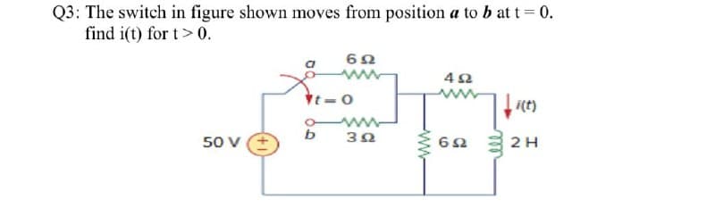 Q3: The switch in figure shown moves from position a to b at t 0.
find i(t) for t> 0.
i(t)
b
3Ω
50 V
62
2 H

