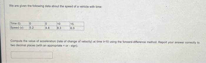 We are given the following data about the speed of a vehicle with time:
0
Time (1)
Speed (v) 5.2
5
4.8
10
8.3
15
6.0
Compute the value of acceleration (rate of change of velocity) at time t=10 using the forward-difference method. Report your answer correctly to
two decimal places (with an appropriate + or - sign).