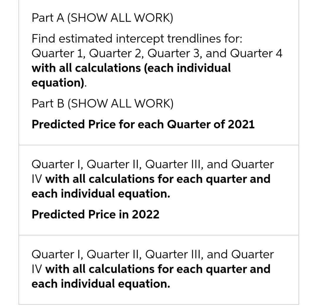 Part A (SHOW ALL WORK)
Find estimated intercept trendlines for:
Quarter 1, Quarter 2, Quarter 3, and Quarter 4
with all calculations (each individual
equation).
Part B (SHOW ALL WORK)
Predicted Price for each Quarter of 2021
Quarter I, Quarter II, Quarter III, and Quarter
IV with all calculations for each quarter and
each individual equation.
Predicted Price in 2022
Quarter I, Quarter II, Quarter III, and Quarter
IV with all calculations for each quarter and
each individual equation.