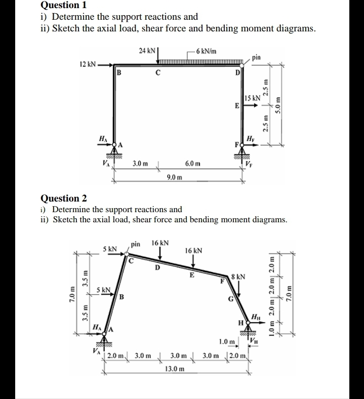 Question 1
i) Determine the support reactions and
ii) Sketch the axial load, shear force and bending moment diagrams.
24 kN|
- 6 kN/m
pin
12 kN -
B
D
15 kN
E
HA
Hy
3.0 m
6.0 m
9.0 m
Question 2
i) Determine the support reactions and
ii) Sketch the axial load, shear force and bending moment diagrams.
,pin
16 kN
5 kN
16 kN
E
8 kN
5 kN
в
H
HA
1.0 m
| 2.0 m 3.0 m
3.0 m
J 3.0 m J2.0 m.
13.0 m
3.5 m
3.5 m
2.5 m
2.5 m
5.0 m
1.0 m 2.0 m 2.0 m| 2.0 m
