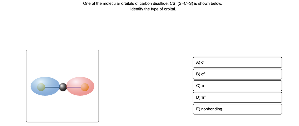 One of the molecular orbitals of carbon disulfide, CS, (S=C=S) is shown below.
Identify the type of orbital.
A) o
B) o*
C) TT
D) T*
E) nonbonding
