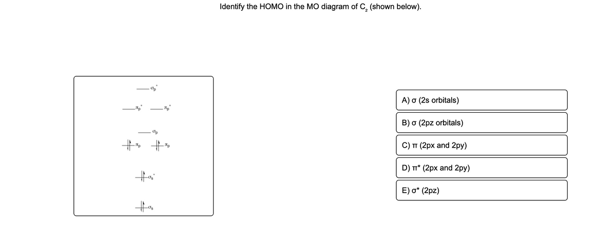 Identify the HOMO in the MO diagram of C, (shown below).
Op
A) σ ( 2s orbitals)
B) o (2pz orbitals)
Op
C) TT (2px and 2py)
D) T* (2px and 2py)
E) o* (2pz)
