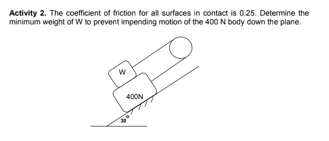 Activity 2. The coefficient of friction for all surfaces in contact is 0.25. Determine the
minimum weight of W to prevent impending motion of the 400 N body down the plane.
400N
30
