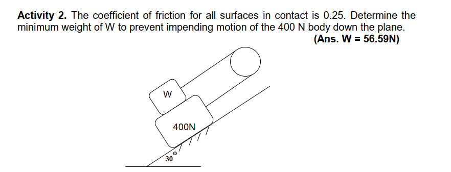 Activity 2. The coefficient of friction for all surfaces in contact is 0.25. Determine the
minimum weight of W to prevent impending motion of the 400 N body down the plane.
(Ans. W = 56.59N)
W
400N
30
