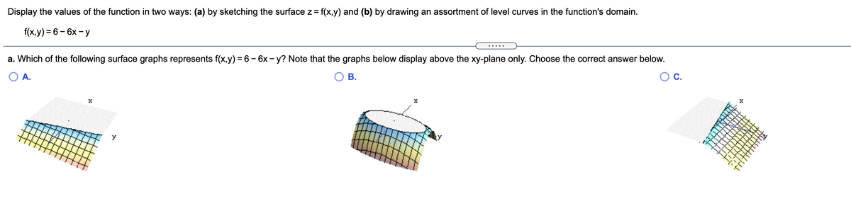Display the values of the function in two ways: (a) by sketching the surface z =
f(x,y) and (b) by drawing an assortment of level curves in the function's domain.
f(x,y) = 6- 6x - y
.....
a. Which of the following surface graphs represents f(x,y) = 6- 6x - y? Note that the graphs below display above the xy-plane only. Choose the correct answer below.
O A.
OB.
Ос.
