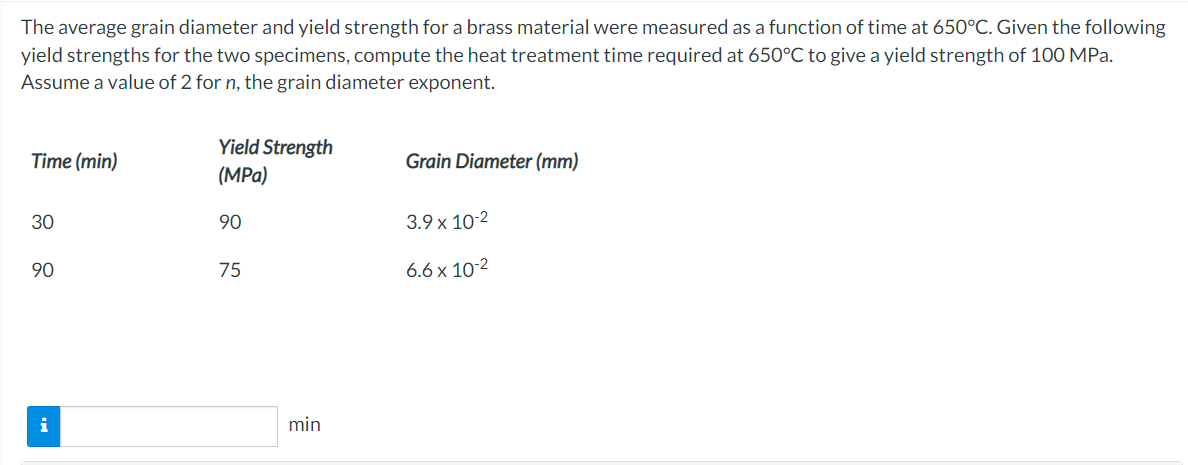 The average grain diameter and yield strength for a brass material were measured as a function of time at 650°C. Given the following
yield strengths for the two specimens, compute the heat treatment time required at 650°C to give a yield strength of 100 MPa.
Assume a value of 2 for n, the grain diameter exponent.
Time (min)
30
90
Yield Strength
(MPa)
90
75
min
Grain Diameter (mm)
3.9 x 10-2
6.6 x 10-2