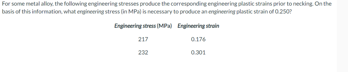For some metal alloy, the following engineering stresses produce the corresponding engineering plastic strains prior to necking. On the
basis of this information, what engineering stress (in MPa) is necessary to produce an engineering plastic strain of 0.250?
Engineering stress (MPa) Engineering strain
217
232
0.176
0.301