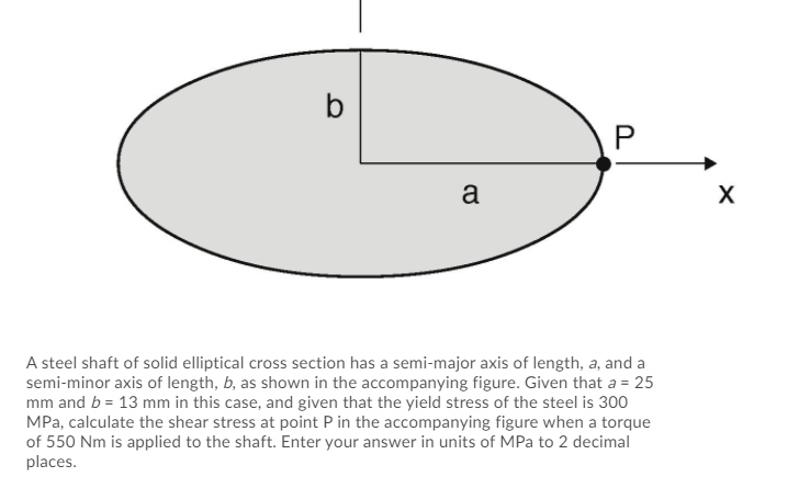 b
a
A steel shaft of solid elliptical cross section has a semi-major axis of length, a, and a
semi-minor axis of length, b, as shown in the accompanying figure. Given that a = 25
mm and b = 13 mm in this case, and given that the yield stress of the steel is 300
MPa, calculate the shear stress at point P in the accompanying figure when a torque
of 550 Nm is applied to the shaft. Enter your answer in units of MPa to 2 decimal
places.
