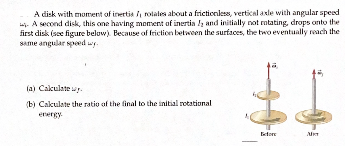 IA disk with moment of inertia I1 rotates about a frictionless, vertical axle with angular speed
wi. A second disk, this one having moment of inertia I2 and initially not rotating, drops onto the
first disk (see figure below). Because of friction between the surfaces, the two eventually reach the
same angular speed ws.
(a) Calculate wf.
(b) Calculate the ratio of the final to the initial rotational
energy.
Before
After
