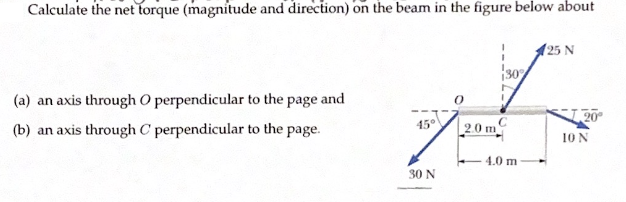 | Calculate the net torque (magnitude and direction) on the beam in the figure below about
25 N
30
(a) an axis through O perpendicular to the page and
20
(b) an axis through C perpendicular to the page.
20 m
10 N
4.0 m
30 N
