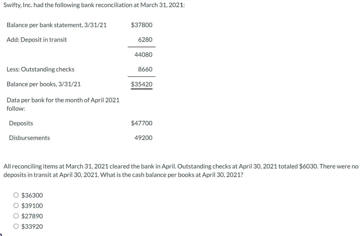 Swifty, Inc. had the following bank reconciliation at March 31, 2021:
Balance per bank statement, 3/31/21
Add: Deposit in transit
Less: Outstanding checks
Balance per books, 3/31/21
Data per bank for the month of April 2021
follow:
Deposits
Disbursements
$37800
$36300
$39100
$27890
$33920
6280
44080
8660
$35420
$47700
49200
All reconciling items at March 31, 2021 cleared the bank in April. Outstanding checks at April 30, 2021 totaled $6030. There were no
deposits in transit at April 30, 2021. What is the cash balance per books at April 30, 2021?