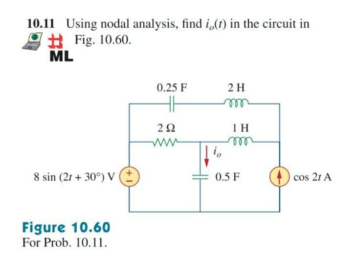 10.11 Using nodal analysis, find i,(t) in the circuit in
# Fig. 10.60.
ML
0.25 F
2 H
all
2Ω
1 H
ww
i,
ell
+.
8 sin (2t + 30°) V
0.5 F
() cos 2t A
Figure 10.60
For Prob. 10.11.
