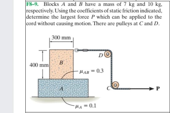 F8-9. Blocks A and B have a mass of 7 kg and 10 kg,
respectively. Using the coefficients of static friction indicated,
determine the largest force P which can be applied to the
cord without causing motion. There are pulleys at C and D.
300 mm
D'
400 mm
HAB = 0.3
%3D
HA=0.1
