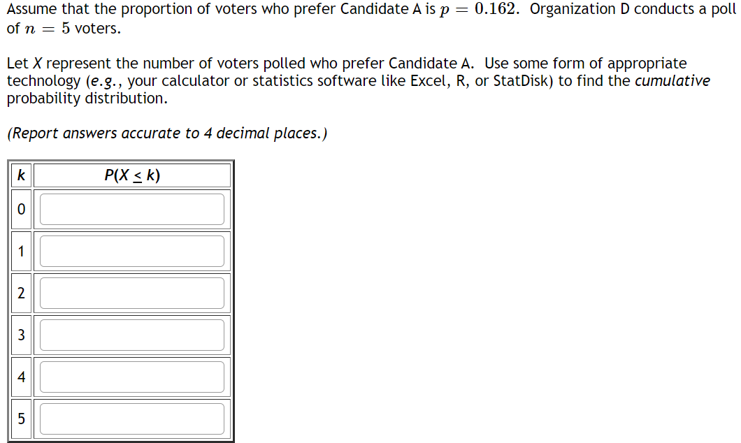 Assume that the proportion of voters who prefer Candidate A is p = 0.162. Organization D conducts a poll
of n 5 voters.
Let X represent the number of voters polled who prefer Candidate A. Use some form of appropriate
technology (e.g., your calculator or statistics software like Excel, R, or StatDisk) to find the cumulative
probability distribution.
(Report answers accurate to 4 decimal places.)
k
P(X ≤k)
0
1
2
3
4
5