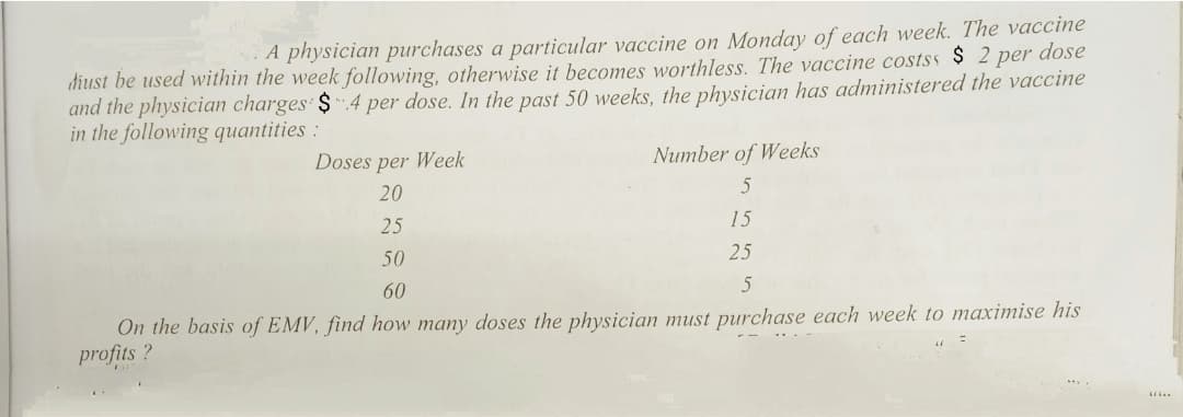A physician purchases a particular vaccine on Monday of each week. The vaccine
diust be used within the week following, otherwise it becomes worthless. The vaccine costss $ 2 per dose
and the physician charges $ .4 per dose. In the past 50 weeks, the physician has administered the vaccine
in the following quantities :
Doses per Week
Number of Weeks
20
25
15
50
25
60
On the basis of EMV, find how many doses the physician must purchase each week to maximise his
profits ?
